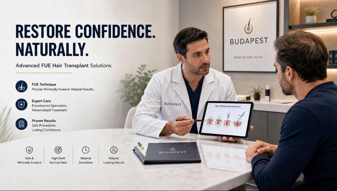 Budapest FUE implants consultation in a modern hair transplant clinic.