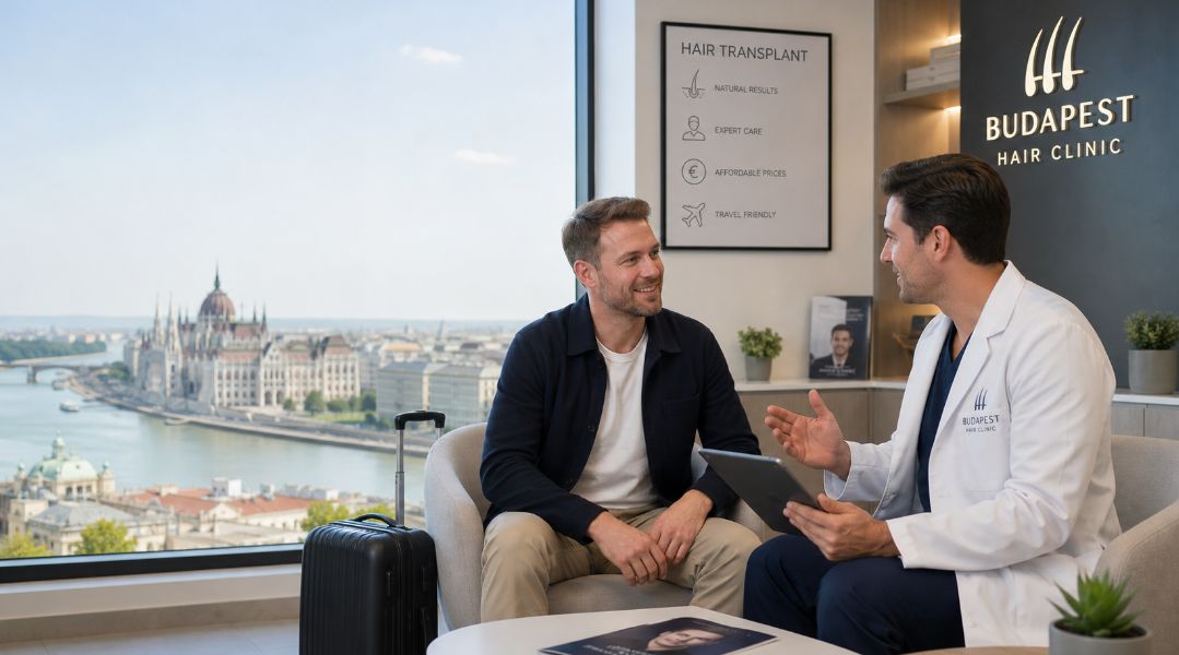 Budapest hair transplant cost consultation for UK male patients in a modern clinic.