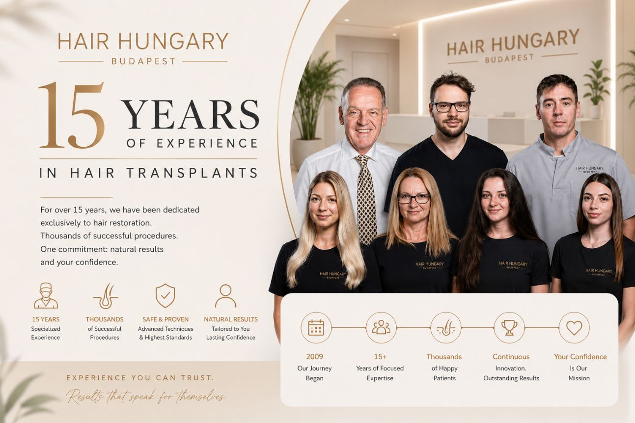 Hair Hungary Budapest expert hair transplant team celebrating 15 years of experience, featuring specialist doctors and medical staff dedicated to advanced FUE hair restoration and natural-looking hair transplant results in Budapest.