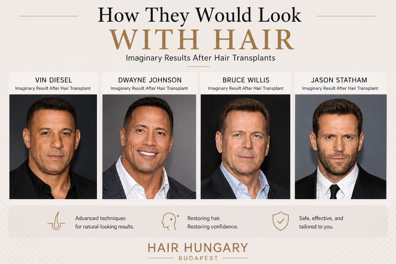 Artistic illustration showing how Vin Diesel, Dwayne Johnson, Bruce Willis and Jason Statham might look with full hair after a hair transplant. Concept image created for educational purposes about male pattern baldness.