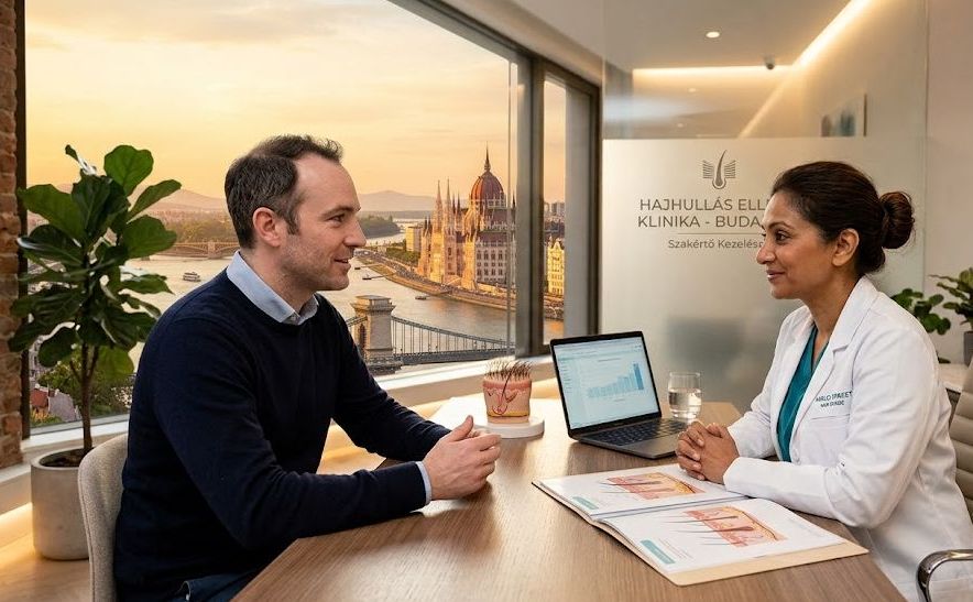 British male patient consulting with a hair transplant doctor in a modern Budapest clinic overlooking the Danube River