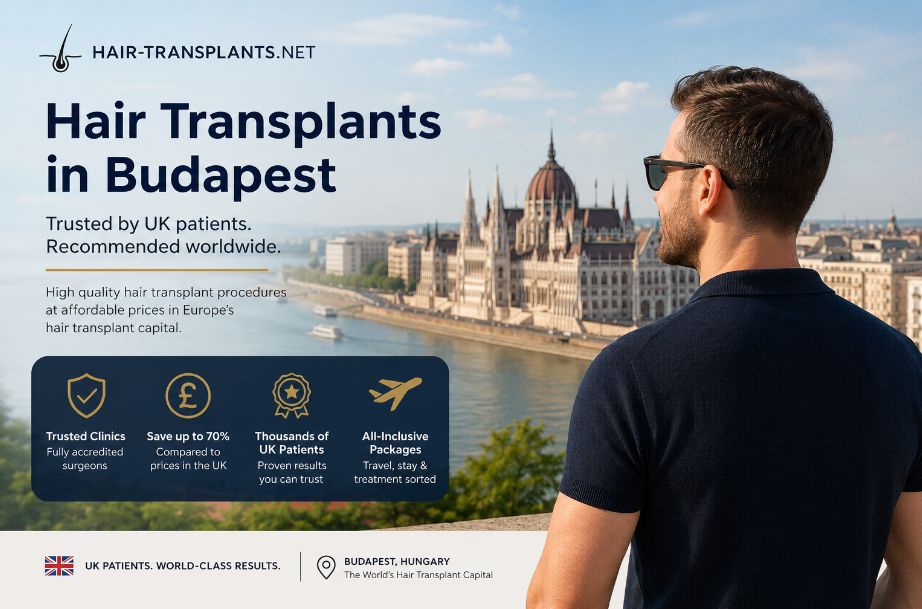 UK male patient travelling to Budapest, Hungary for an affordable FUE hair transplant at a trusted hair restoration clinic.